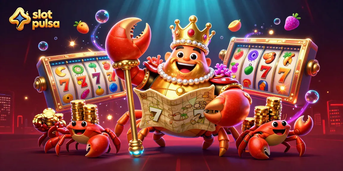 Spin slot pulsa reels with a golden crab emperor holding treasures amidst vibrant casino elements.