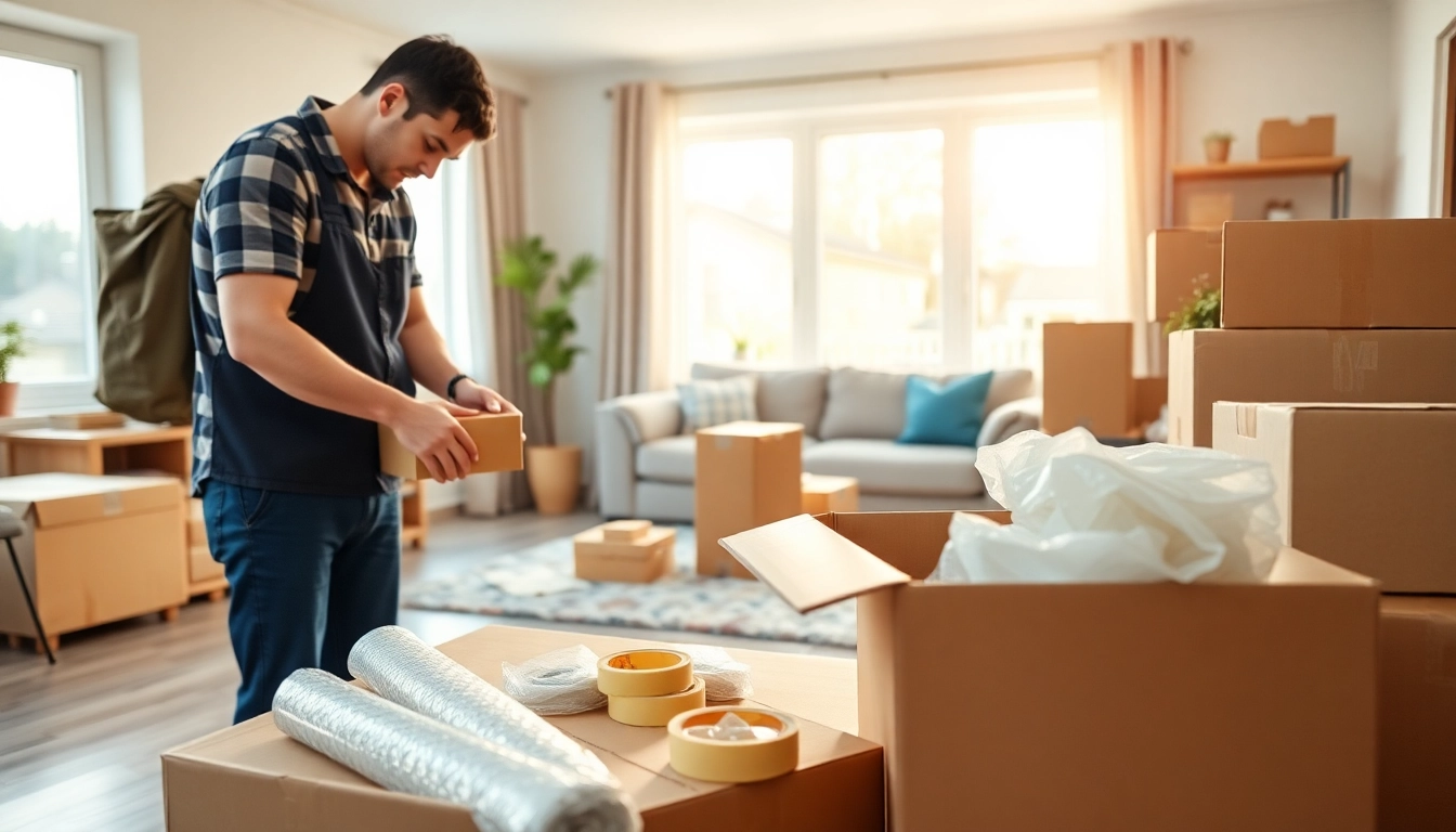 Efficient professional packing services demonstrated by an expert in a tidy home.