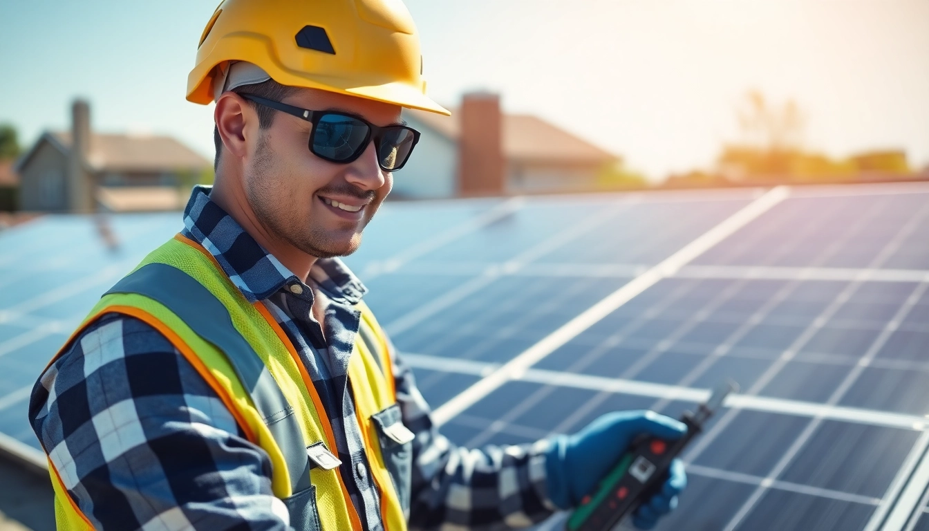 Solar repair company New Jersey technician inspecting rooftop panels for maintenance and repairs.