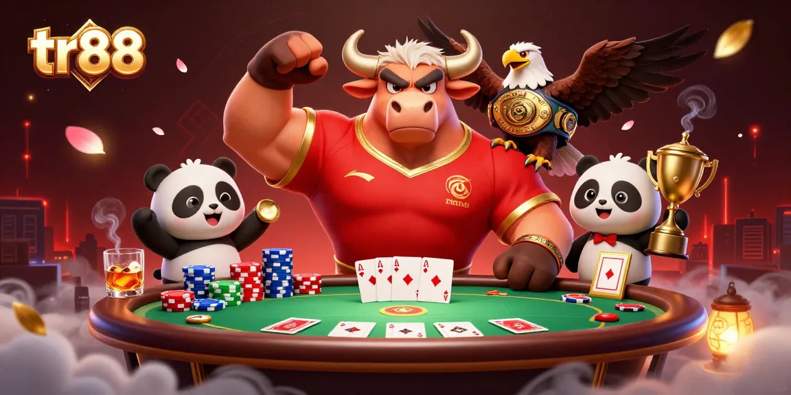 tr88 - Celebrate your wins with a vibrant casino scene featuring poker and a trophy.