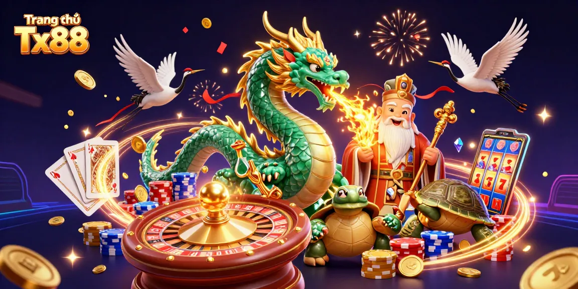 Experience the excitement of Trang chủ Tx88 with a vivid scene of casino dragons and lucky symbols.