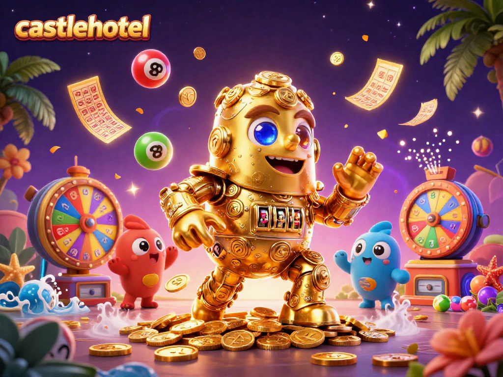 Experience winning moments at castlehotel with vibrant lottery balls and a golden golem