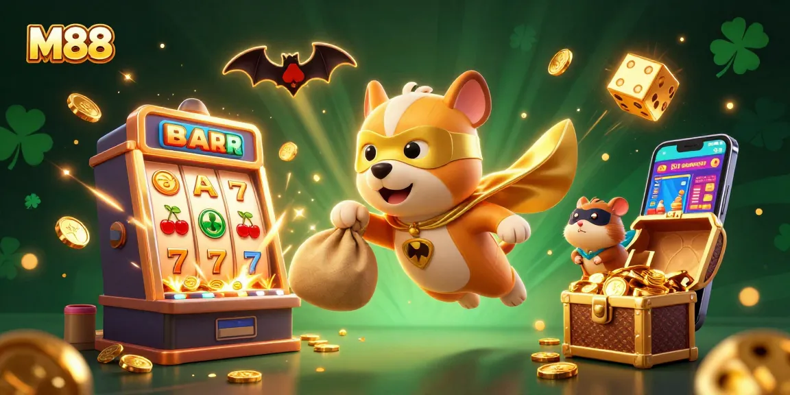 M88 offers gaming excitement with a superhero dog and hamster flying through a vibrant casino scene filled with jackpots.