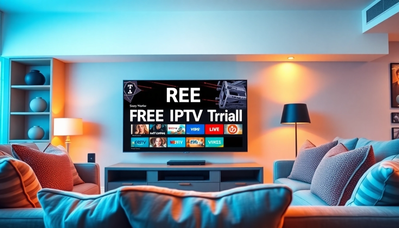 Enjoy a FREE IPTV Trial with a vibrant living room scene showcasing a smart TV.