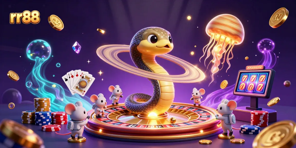 rr88 players betting in a vibrant casino scene with astronaut mice and a cosmic dealer