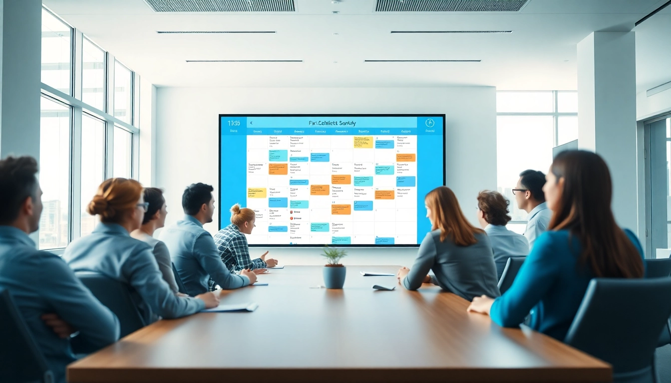 Fix calendar conflicts automatically with professionals collaborating in a bright conference room.