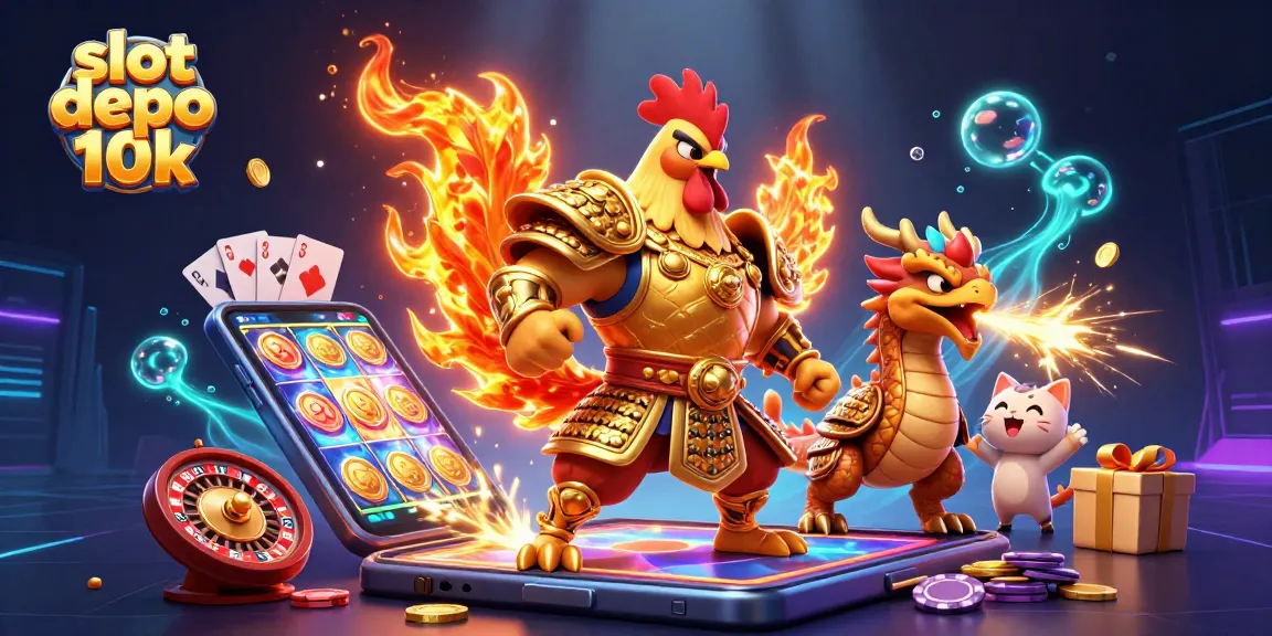 Bermain slot depo 10k dengan keberuntungan melalui simbol dan elemen menarik dalam ilustrasi kasino 3D.