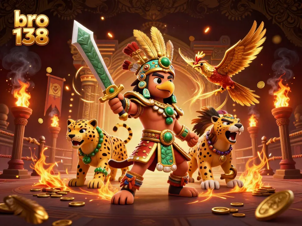 Experience thrilling gameplay at bro 138 with Aztec-inspired warriors amid golden coins and betting tokens.