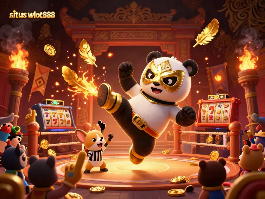 Gerakan epik dalam situs wslot888 saat panda pejuang melakukan tendangan, dikelilingi suasana kasino yang meriah.