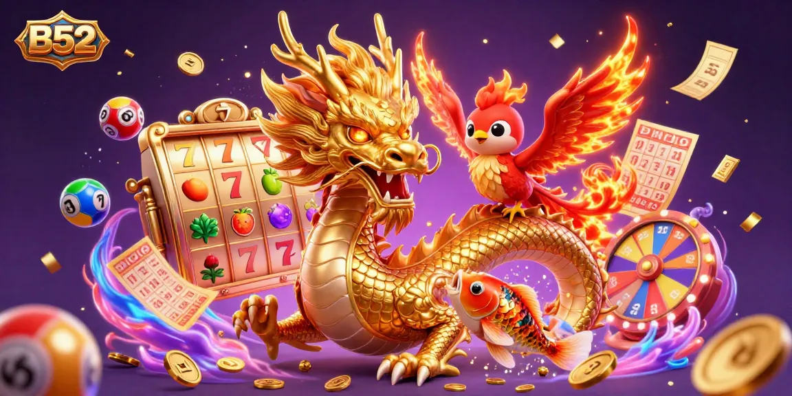 B52 showcases an engaging 3D illustration with a golden dragon, phoenix, and coins to capture the excitement of gambling.
