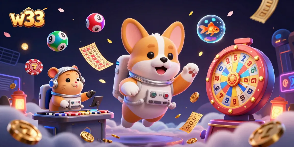w33 slot games feature a 3D cartoon corgi floating in a casino, surrounded by dynamic winnings.