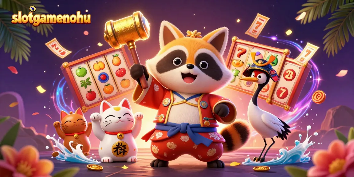 Experience thrilling jackpots with slotgamenohu's dynamic 3D illustration featuring engaging characters and elements from casino gaming.