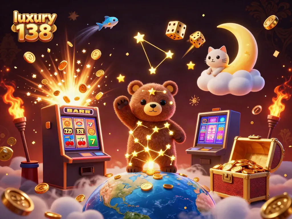 Play slots and win with luxury 138 in this lively 3D casino scene featuring a joyous atmosphere.
