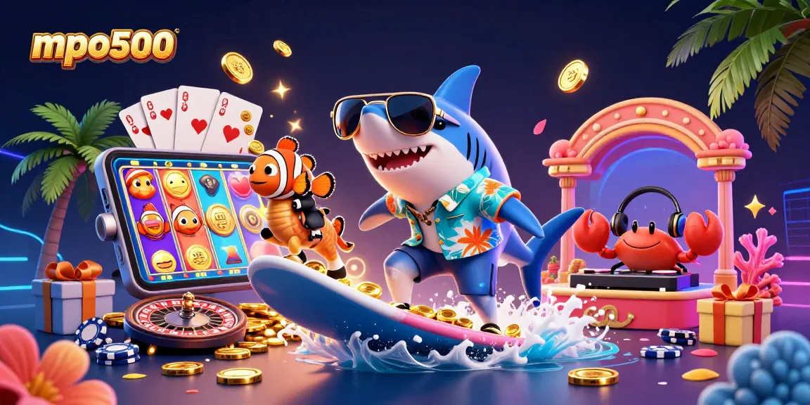 Mpo500 showcases exhilarating casino action with a charismatic shark surfing gold coins in a vibrant 3D scene.