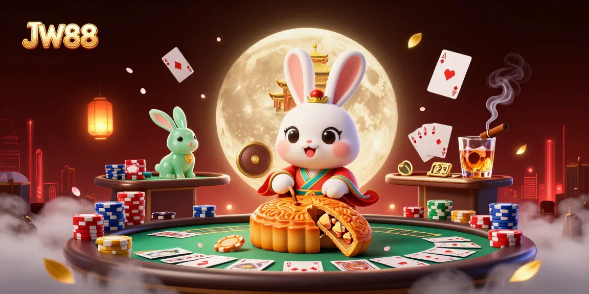 JW88 features a moon rabbit enjoying a dynamic poker scene, surrounded by vibrant casino elements.