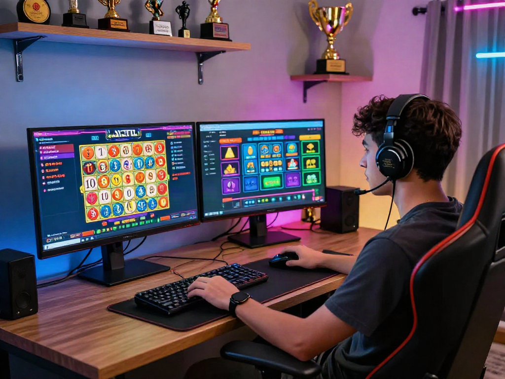 Player immersed in situs toto experience at a stylish gaming station with multiple monitors displaying vibrant betting options and lottery draws.