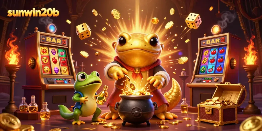 Witness the magic of sunwin20b as a giant golden salamander transfigures metals into gold amidst a vibrant casino setting.