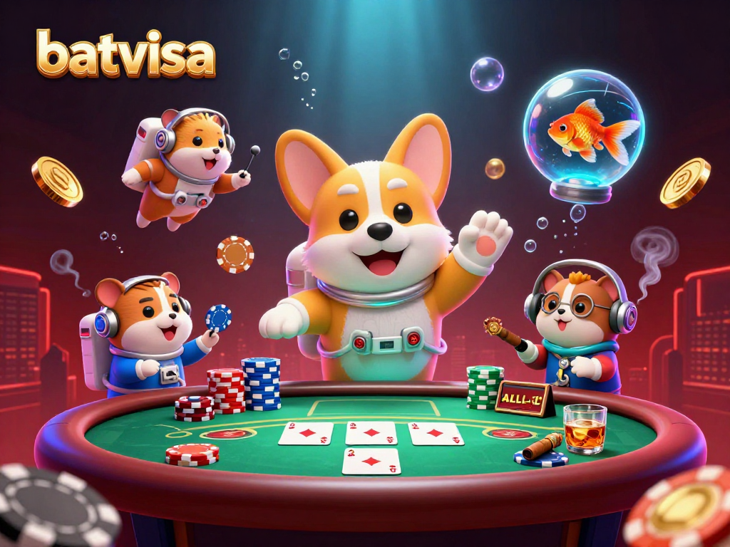 batvisa casino illustration with a floating corgi, poker elements, and vibrant space-themed details