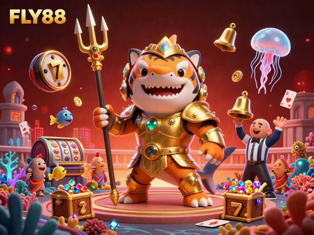 FLY88 showcases a thrilling underwater casino scene with a gladiatorial shark and vibrant treasures.