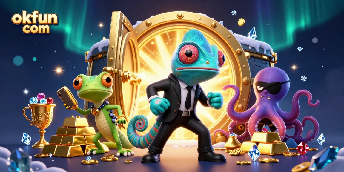 Experience thrilling adventures at okfun com with our dynamic casino characters surrounded by treasures.