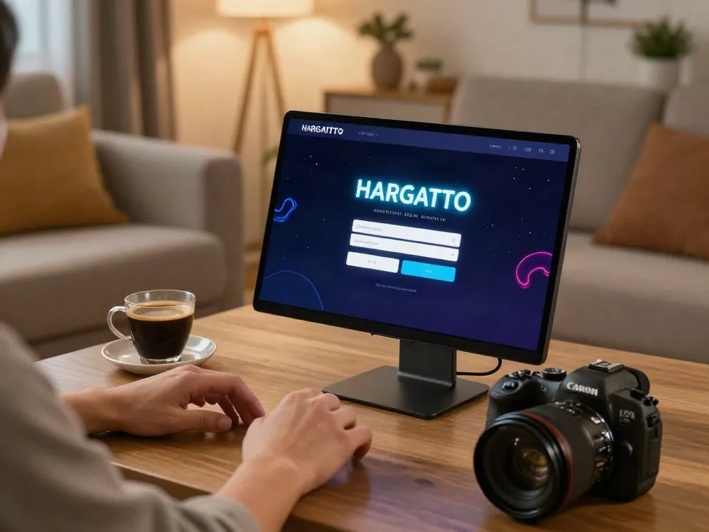 Engaging login experience on HARGATOTO website showcasing harga toto on laptop in a cozy home.