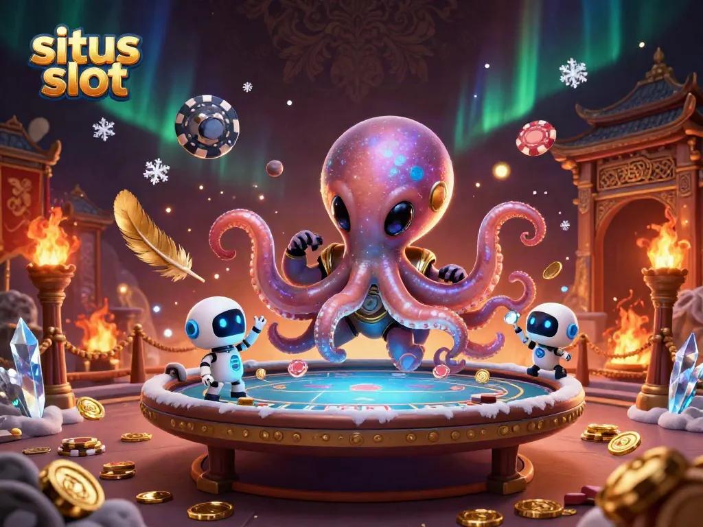 Permainan situs slot dengan alien kartun dan robot mengelilingi meja poker holografik.