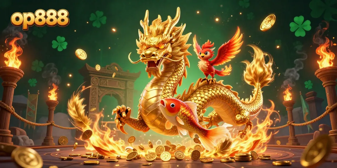 Play and win with op888 in a vibrant casino scene featuring dragons, phoenixes, and koi fish.