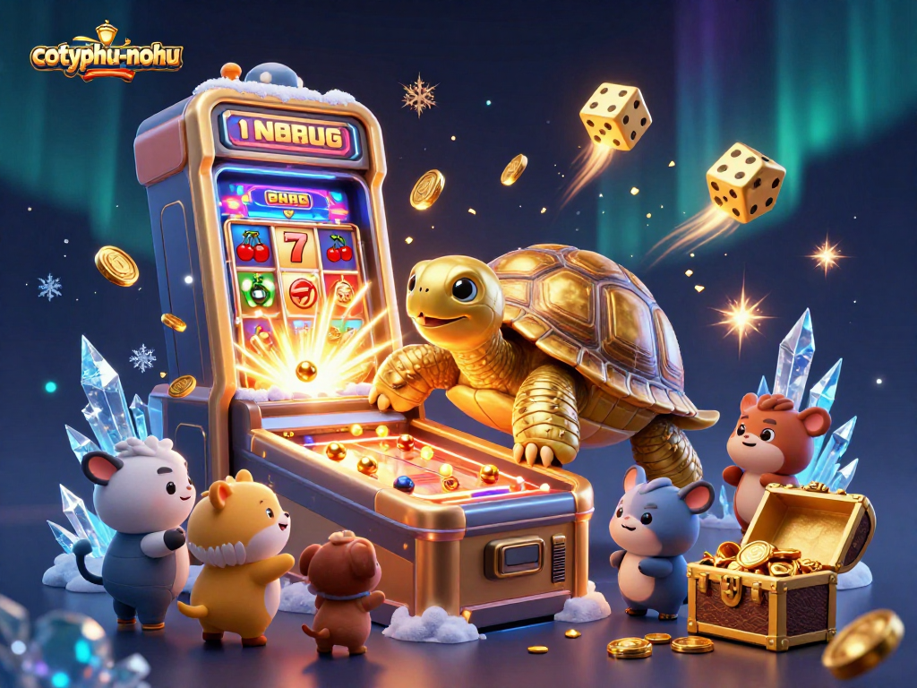 Engage in the action with cotyphu-nohu's thrilling slot machine and golden tortoise gaming scene.