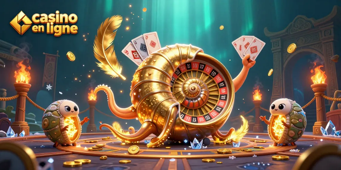 Illustration captivante de casino en ligne avec un nautilus géant jouant des cartes et des éléments lumineux.