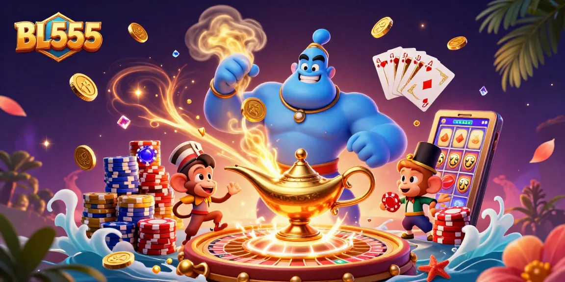 Experience the thrill of gaming at BL555 with vibrant characters and dynamic casino elements.