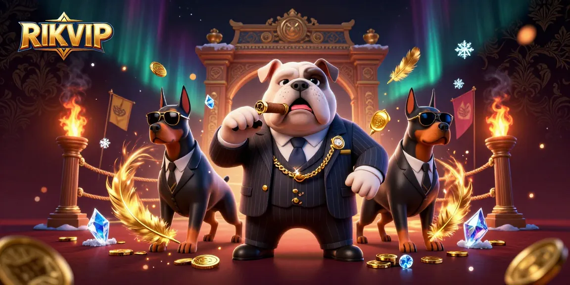 RIKVIP offers a vibrant illustration of a casino scene featuring a mafia boss bulldog and bodyguard Dobermans.
