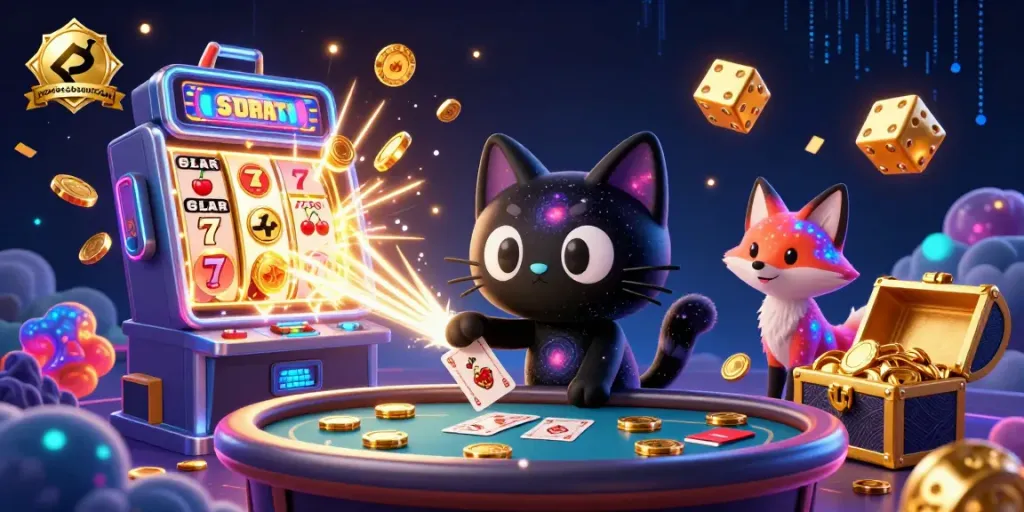 Win big with royalacebonuscodes at a cosmic casino table featuring fun characters and exciting game elements.