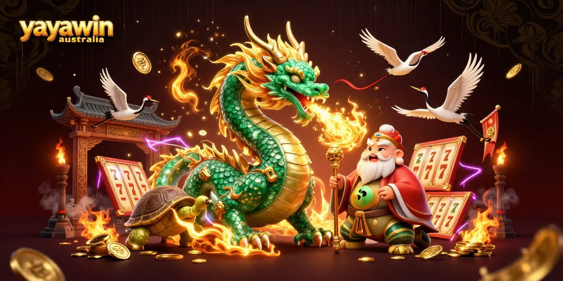 Experience thrilling gameplay at yayawin australia with a dragon, cranes, and casino symbols in an energetic scene.