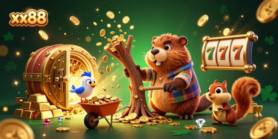 Spin and win with xx88 in a vibrant 3D casino scene filled with gold coins and treasures.