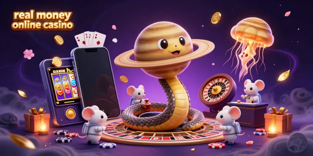 Experience vibrant cosmic gaming with a real money online casino featuring a Saturn ring snake and playful astronaut mice.