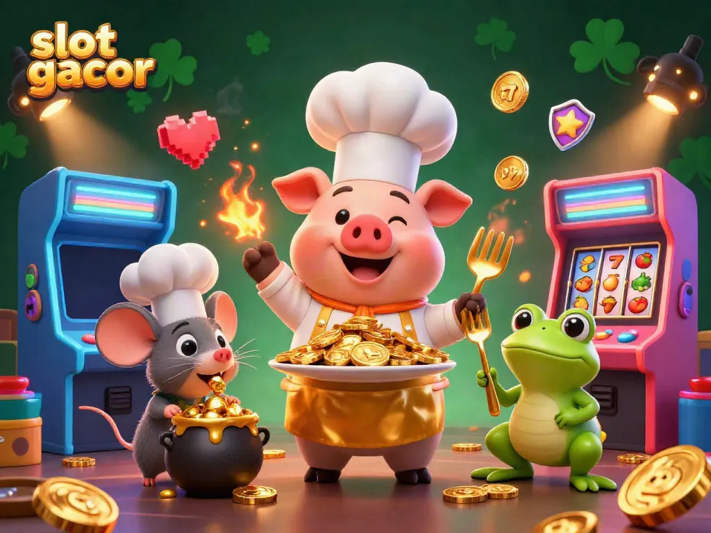 Experience the thrill of slot gacor with a dynamic illustration showcasing vibrant characters served by a chef pig in a casino setting.