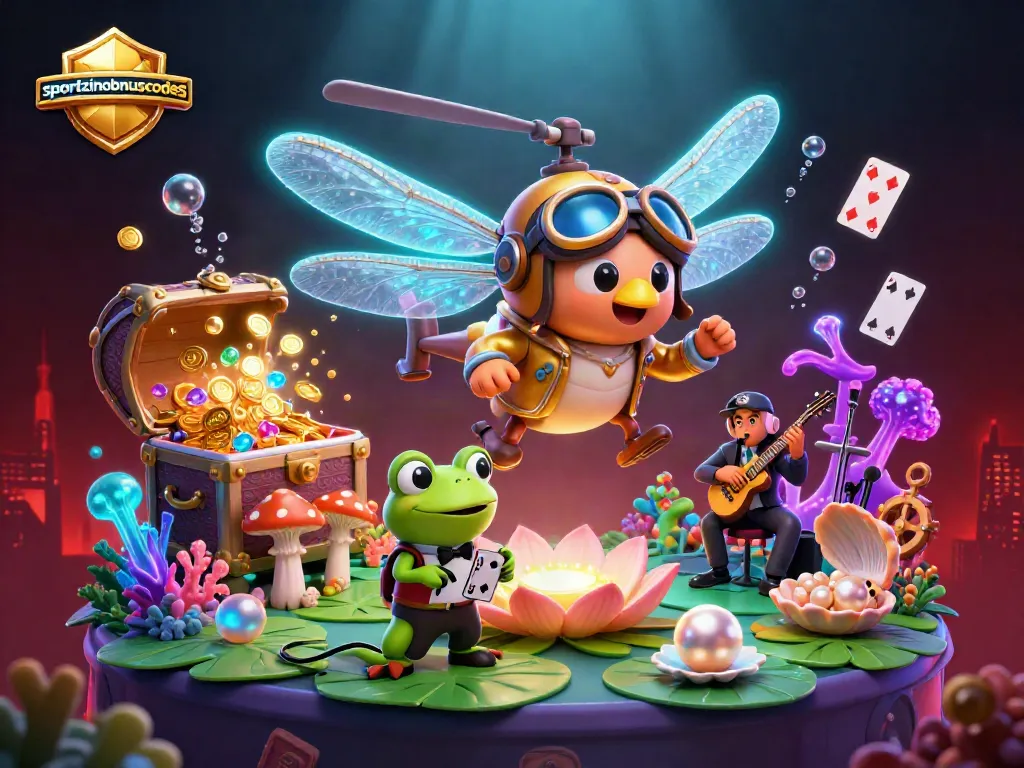 Play and win at sportzinobonuscodes with a vibrant 3D casino scene featuring gold coins and a lily pad casino atmosphere.