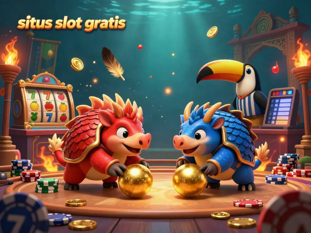 Rival pangolins in armor bowling through poker chips in a vibrant "situs slot gratis" scene.
