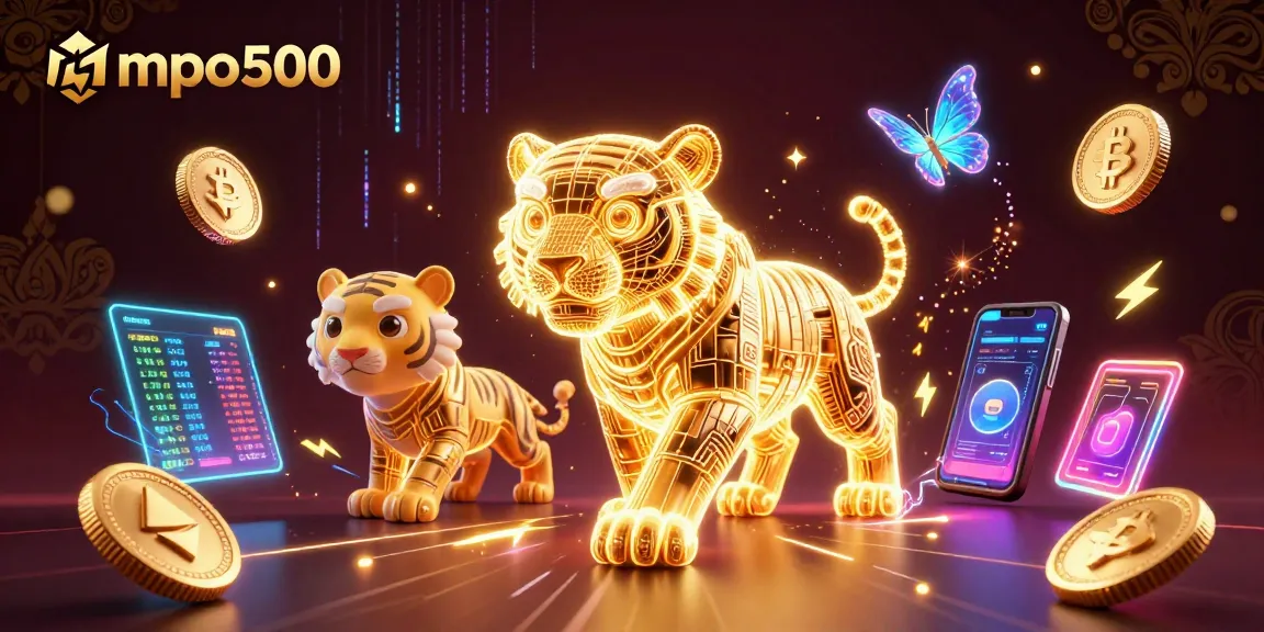 Explore the exciting world of mpo500 with a 3D tiger and cryptocurrency elements in a digital casino.