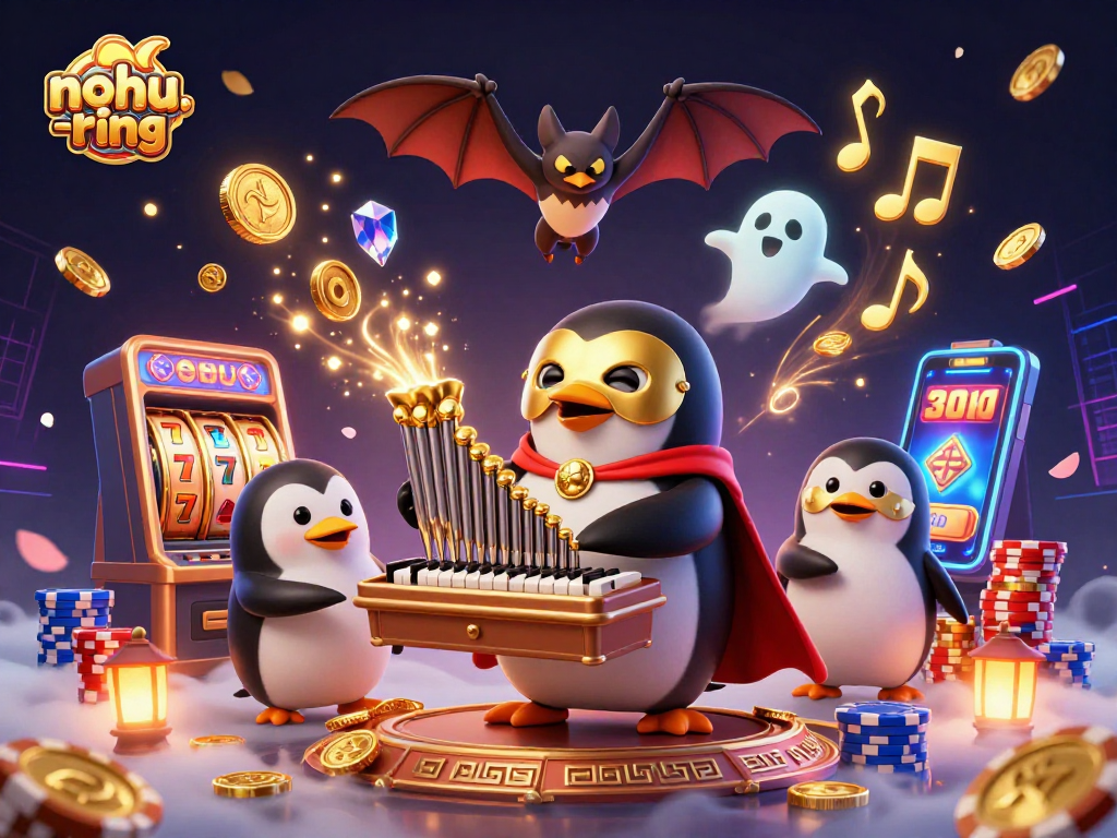 Experience the excitement of nohu-ring with a 3D illustration of a penguin playing a golden organ, amidst sparkling casino effects.