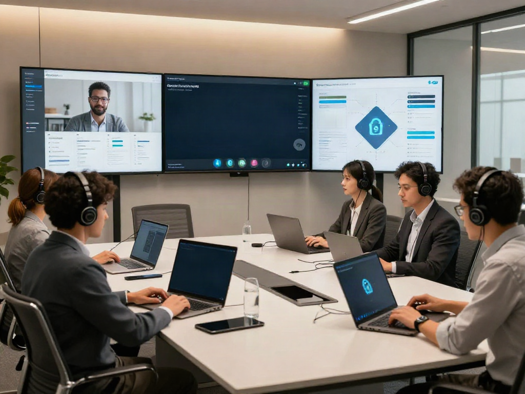 Team engaged in Deepfake protected Conferencing using advanced virtual technology and secure setups.
