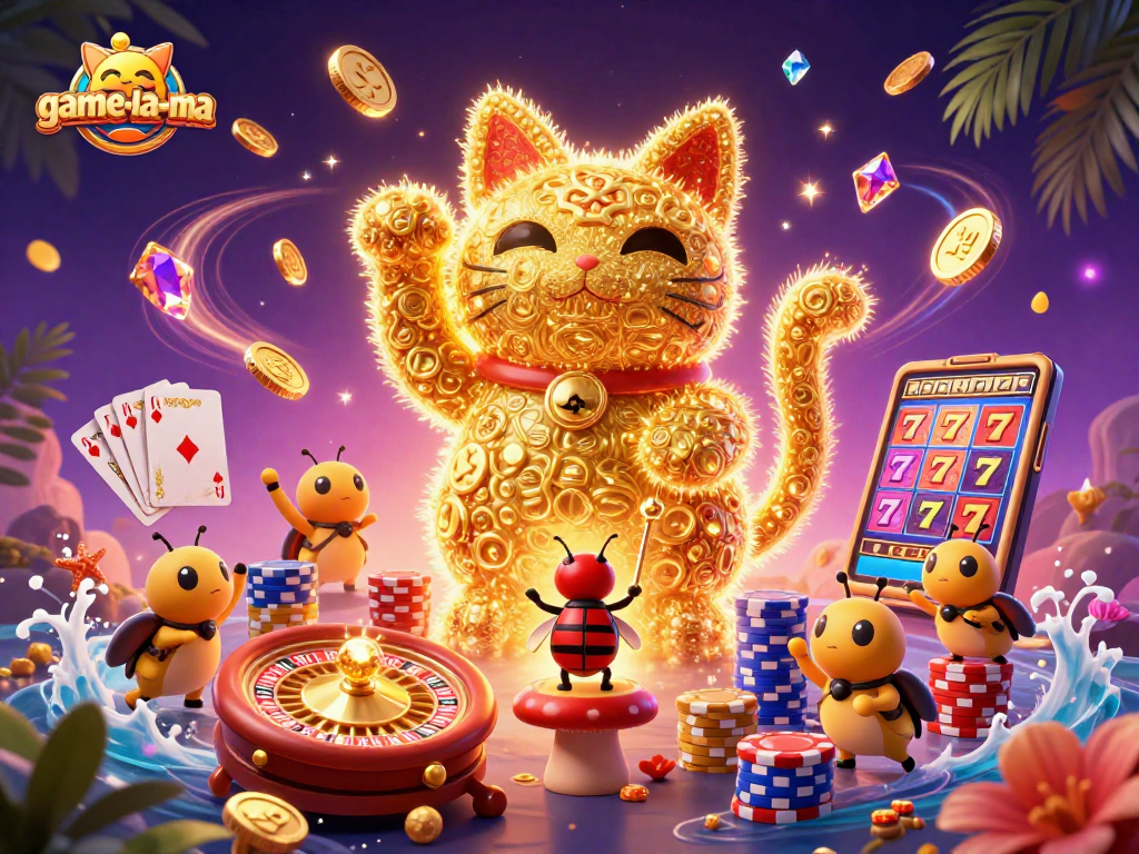 Experience game-la-ma with a stunning 3D illustration showcasing a lucky cat and casino elements.