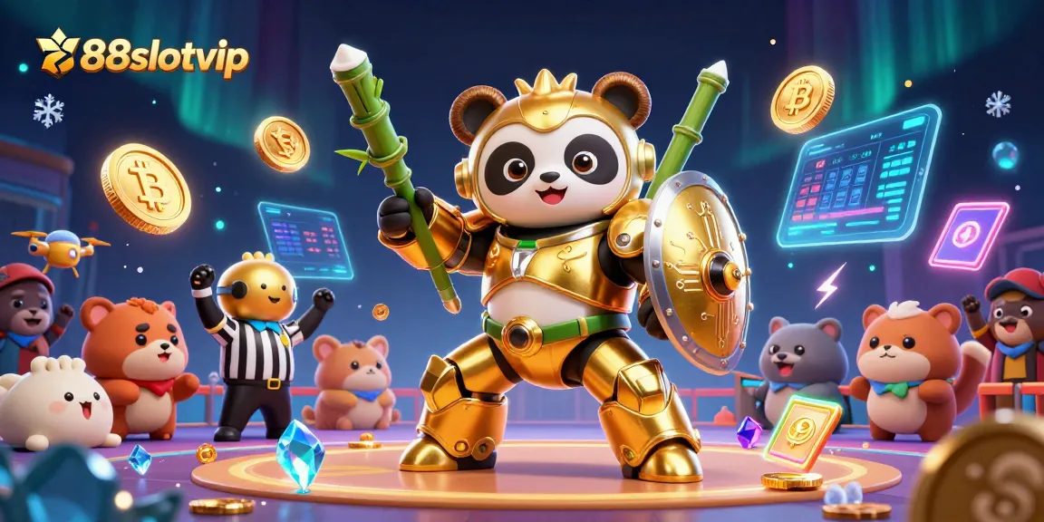 Engage with 888slotvip's vibrant gambling experience featuring cartoon golden panda in action.
