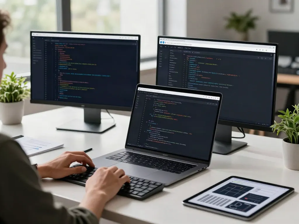 Brave browser showcased on a laptop in a modern tech workspace, emphasizing coding and productivity.