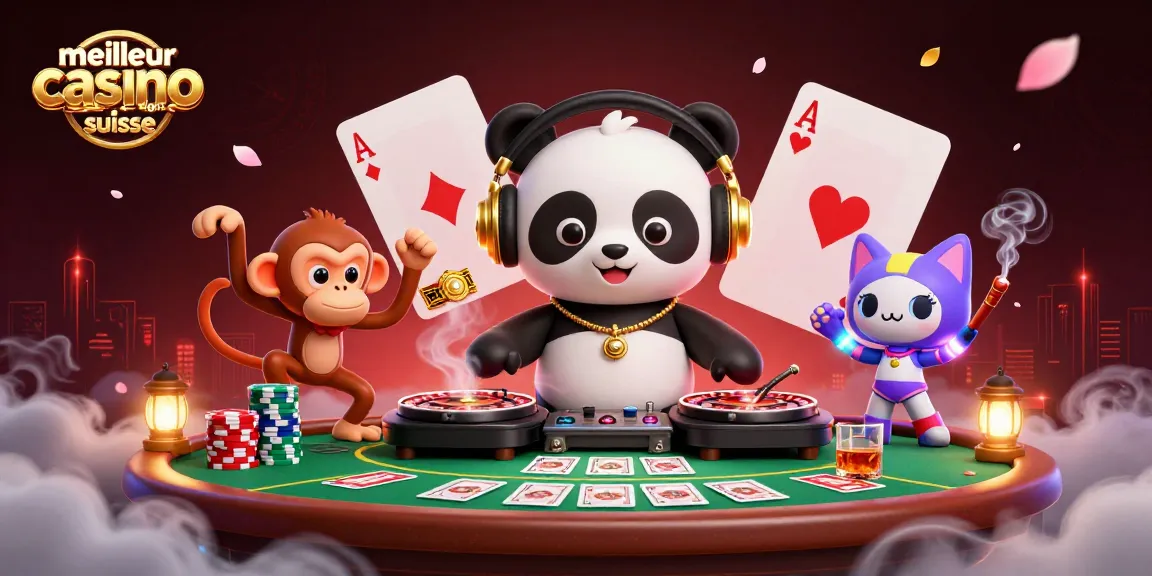 Profitez du meilleur casino en ligne suisse avec des personnages animés dans une scène dynamique de fête.