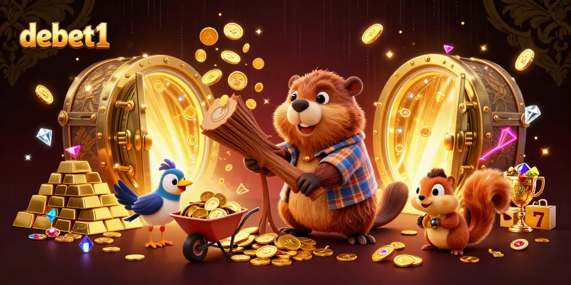 Spin and win with debet1 in a dynamic casino scene with cartoon characters and gold coins.