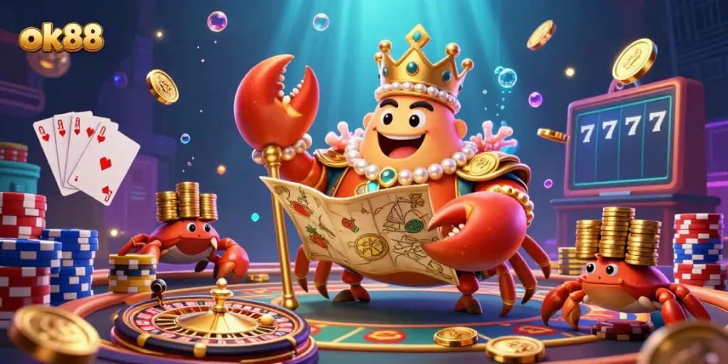 Engage with the vibrant world of ok88 featuring a golden crab emperor amidst dazzling games and treasures.