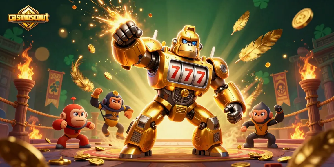 Casinoscout's exciting 3D depiction of a mech gorilla celebrating jackpots amid vibrant casino imagery