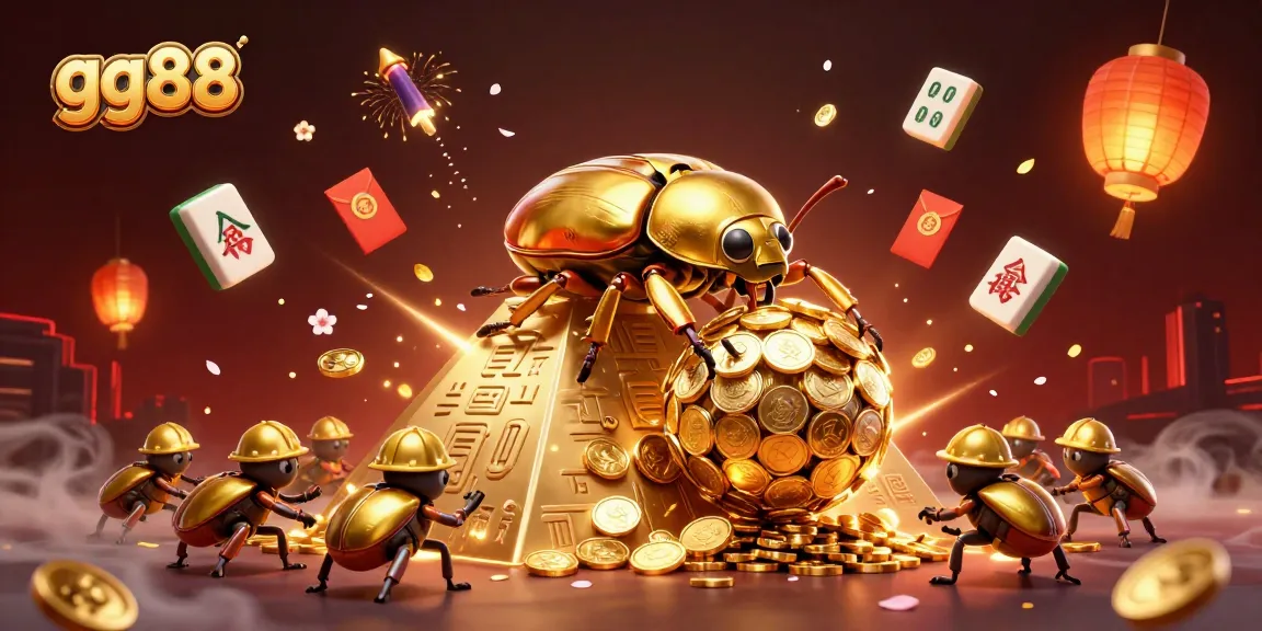 Experience thrilling casino adventures with gg88 as golden beetles roll coins and symbols abound.