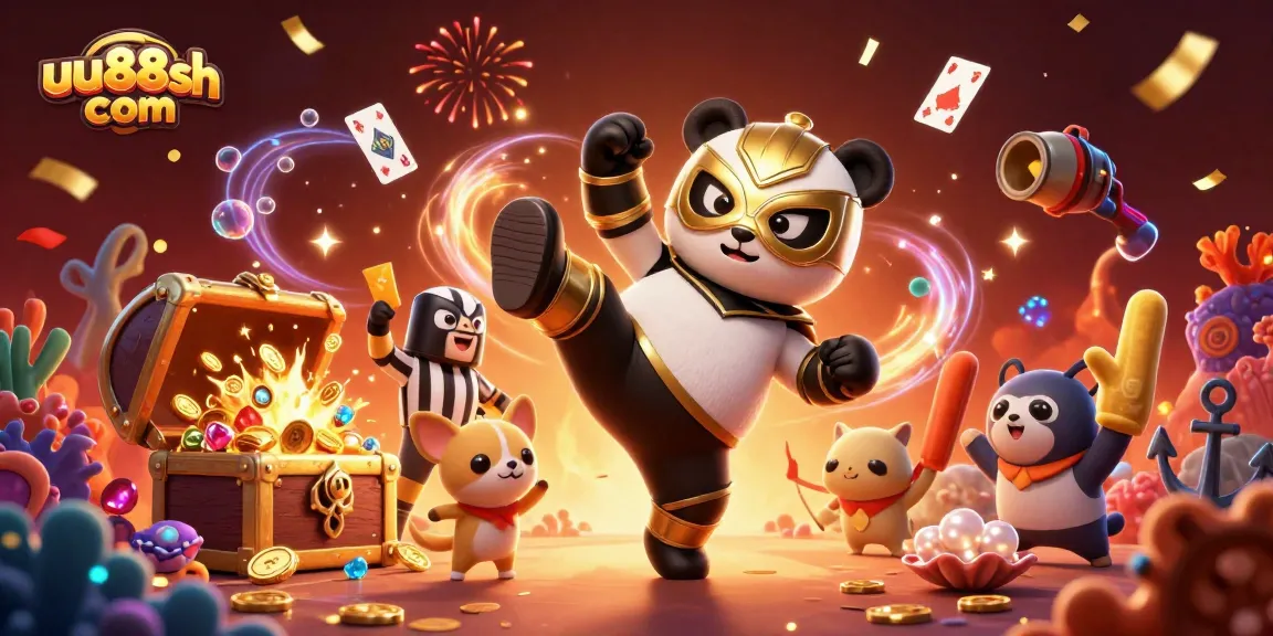 Engaging illustration of gambling action at uu88sh com with a panda wrestler and festive animal spectators.